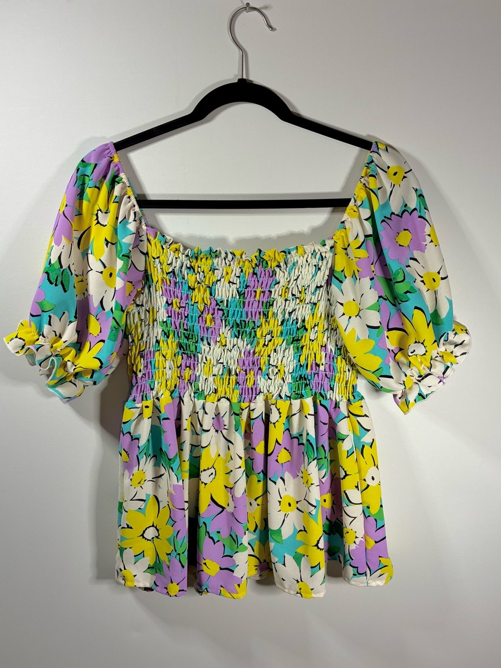 BIBI Floral Smocked Babydoll Top Medium Puff Sleeve Cottagecore Colorful - Picture 2 of 3